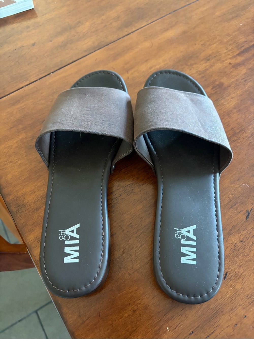 MIA Brown Wide-Strap Slide Sandals with Black Footbed